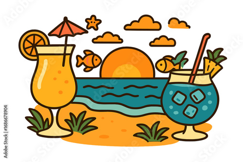 Summer beach party concept. Tropical cocktails on a paradise island. Vector cartoon illustration of a relaxing vacation with sunset, ocean, sea, and sand. Holiday fun design.