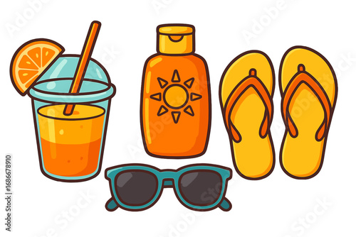 Summer vacation essentials with refreshing orange drink, stylish sunglasses, yellow flip flops, and protective sunscreen bottle, beach accessories vector cartoon illustration