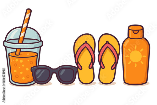 Summer vacation essentials with refreshing drinks, stylish sunglasses, comfortable flip flops, and protective sunscreen for a fun day at the sunny beach, vector cartoon illustration