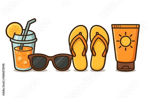Summer vacation essentials with refreshing drinks, stylish sunglasses, comfortable flip flops, and protective sunscreen for a fun beach day, vector cartoon illustration with transparent background
