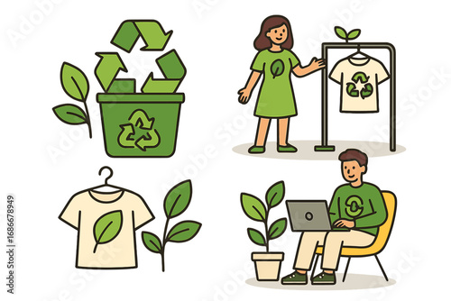 Sustainable fashion icon set. Eco-friendly clothing, recycling symbol and green lifestyle concept. Circular economy, conscious consumption and ethical shopping vector illustration.