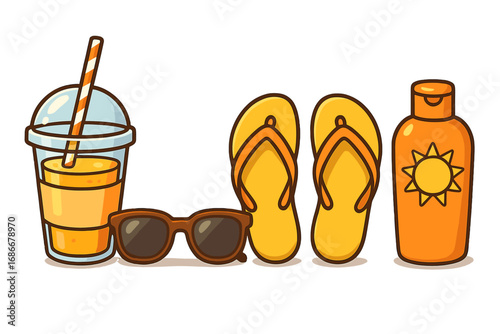 Summer vacation essentials for beach fun, refreshing drinks, stylish sunglasses, comfortable flip flops, and protective sunscreen, vector cartoon illustration with transparent background