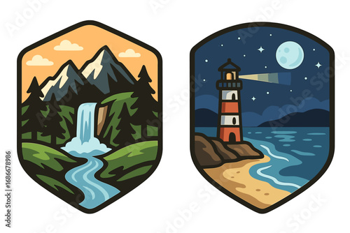 Vector emblem set with mountain waterfall and lighthouse at night. Outdoor travel adventure concept. Day and night nature scenes. Hiking landscape and coastal navigation logo.