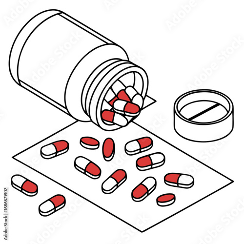 Isometric Illustration of Spilled Medicine Capsules from a Pill Bottle