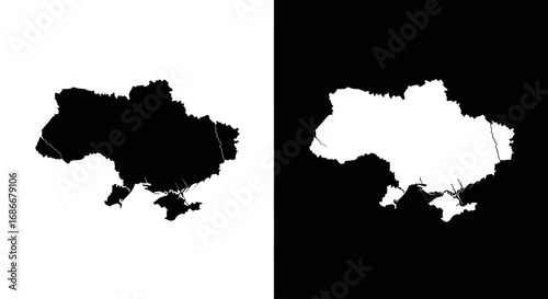 A map silhouette of Ukraine, a black and white icon for Ukrainian geography, national identity, and travel.