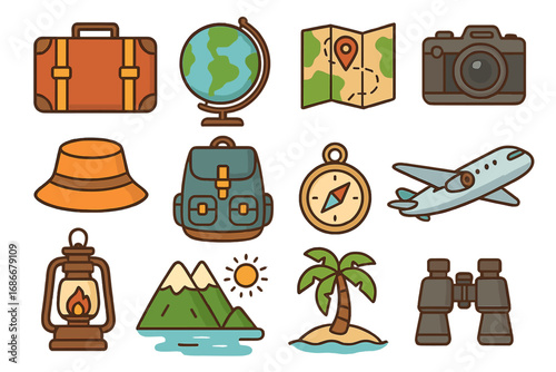 Travel essentials and adventure symbols vector set, including suitcase, globe, map, camera, hat, backpack, compass, airplane, lantern, mountains, island, and binoculars, exploring journeys worldwide