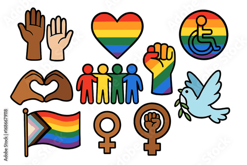 Vibrant vector cartoon symbols of diversity, inclusivity, social progress, equality, pride, unity, empowerment, accessibility, peace, and gender icons with transparent background