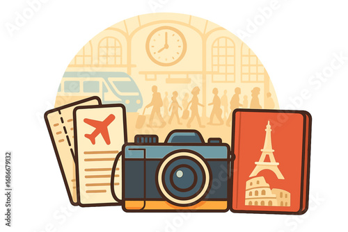 Travel essentials vector illustration with plane tickets, camera, and passport featuring iconic landmarks like Eiffel Tower and Colosseum at busy train station background, cartoon style