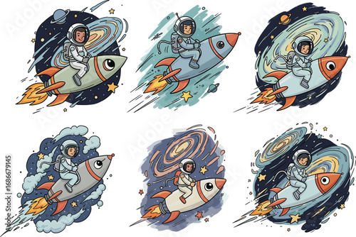 Cartoon astronauts flying rockets through colorful space galaxies, cosmic stars, planets and galaxies in whimsical children’s space adventure illustration
