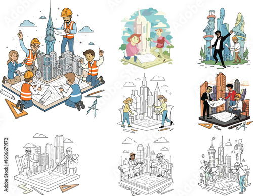 Architects and planners designing futuristic cities, urban development, city planning, teamwork illustration, construction concept, building design, modern architecture