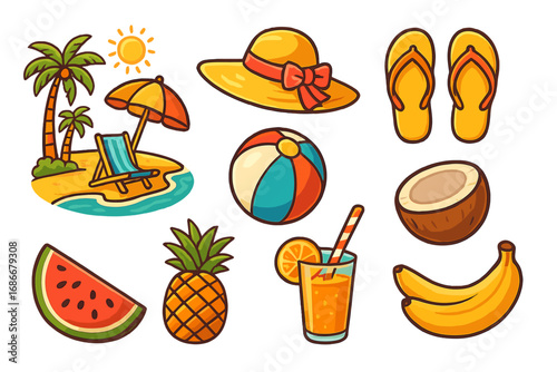 Vibrant tropical summer elements with colorful beach accessories, exotic fruits, sunny island landscapes, hats, flip-flops, beach balls, refreshing juice - vector cartoon illustration