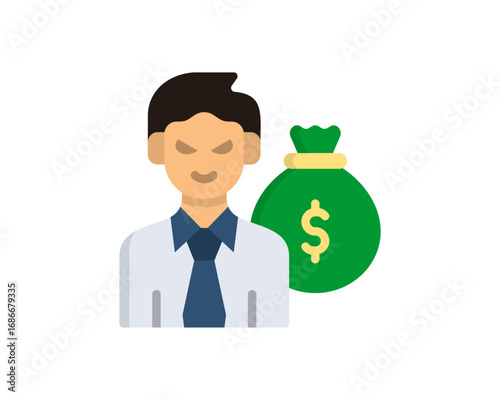Financial concept icon of a wealthy businessman with a money bag, representing profit,investment, capital, and corporate success