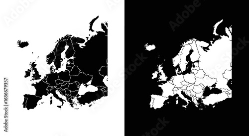 A map silhouette of Europe, a black and white icon representing the continent, travel, and European Union topics.