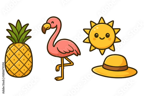 Set of cute summer cartoon icons. Kawaii pineapple, pink flamingo, smiling sun and beach hat. Tropical vacation and travel elements. Vector illustration for kids, sticker pack.