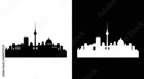 The city skyline of Berlin, Germany, a black and white icon featuring the TV Tower and Brandenburg Gate for travel themes.