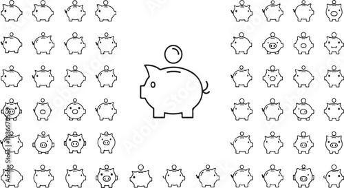 Collection of hand drawn piggy bank icons and symbols for financial savings and investments vector