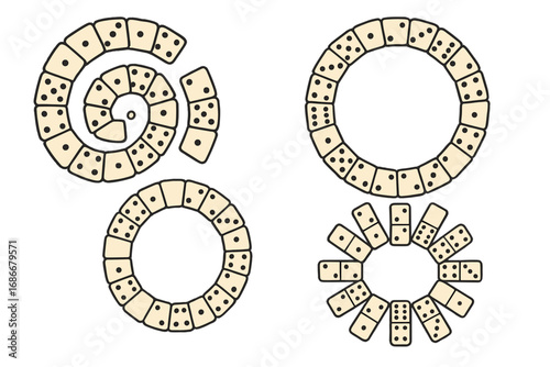 Dominoes vector icon set. Circular and spiral arrangements creating visual patterns. Abstract designs for game, decoration, or strategy concepts. Round frame collection.