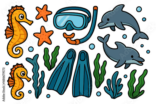 Underwater adventure set with cute sea animals. Vector cartoon clipart collection of dolphin, seahorse, starfish, seaweed. Snorkeling gear, diving mask, flippers. Ocean life.