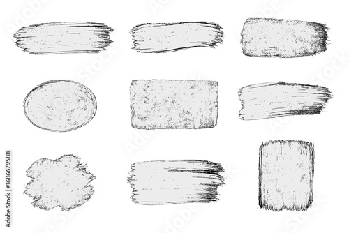 Grunge brush strokes set. Dirty distress texture backdrops. Abstract vector paint smears. Hand drawn charcoal banners. Black chalk smudges and rough edges shape collection.