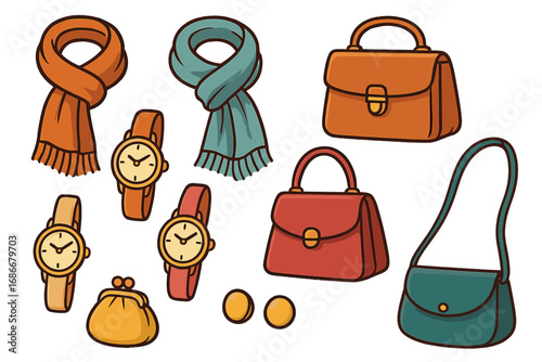 Variety of stylish fashion accessories including colorful scarves, elegant handbags, wristwatches, earrings, and coin purse, creative vector cartoon illustration on light background