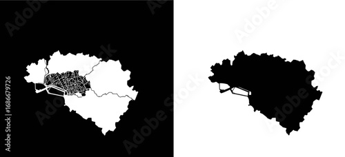 A map of a city with its districts, a black and white outline icon for urban planning and geographical administration.