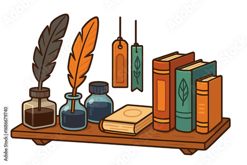 Vintage writer bookshelf with classic books, quill feather pens, and inkwells. Cartoon vector for literature, knowledge, education, poetry, or library concepts.