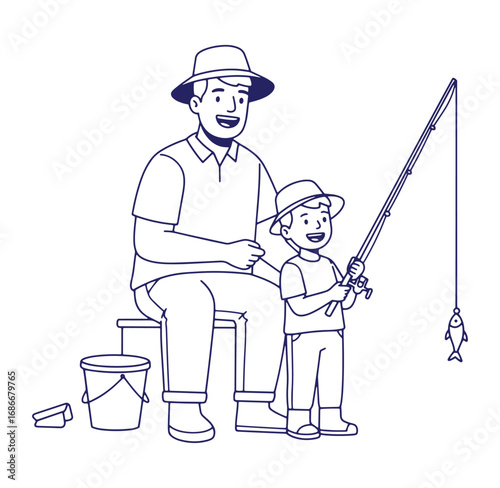Father and son enjoying a fishing trip with a fishing rod and a bucket