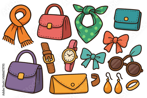 Variety of colorful fashion accessories including scarves, handbags, watches, bows, sunglasses, earrings, and rings in playful vector cartoon style on light background