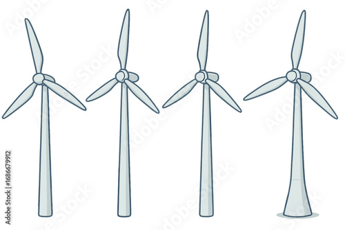 Wind turbine set vector illustration. Windmill for electric power production. Green energy concept. Renewable and sustainable technology. Clean eco energy. Cartoon flat design.