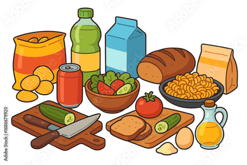 Groceries collection vector cartoon illustration. Food set for cooking and meal preparation with fresh ingredients, drinks, snacks and pasta. Healthy and junk food concept design.
