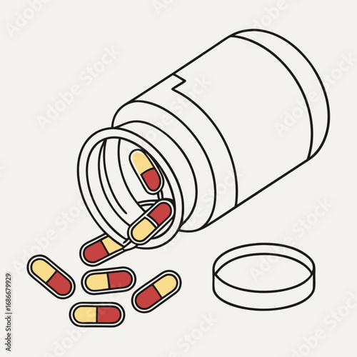 An overturned pill bottle with red and yellow capsules spilling out