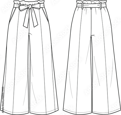 High waist wide leg pants with paper bag waist, fabric belt tie front view back view CAD fashion flat vector sketch
