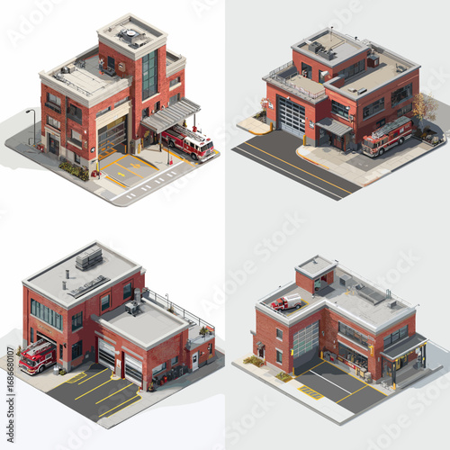 Isometric illustration set of fire stations with emergency trucks, garages, and rescue facilities, suitable for safety, security, and emergency response projects.