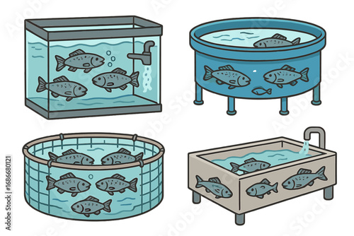 Aquaculture systems and fish farming holding tanks collection. Fish breeding, hatchery, and pisciculture equipment set. Cartoon vector illustration of various seafood tanks.