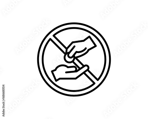 A simple line icon showing a forbidden exchange between two hands, symbolizing anti-corruption, no dealing, or stopping transmission