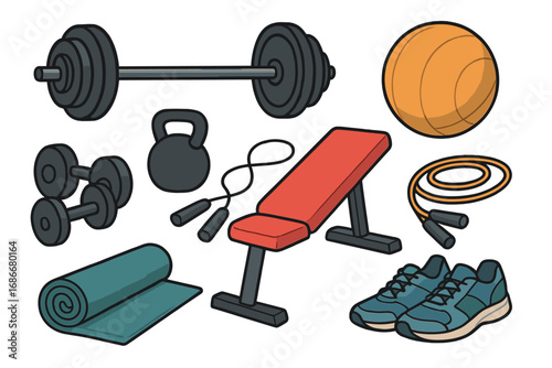 Fitness equipment vector set for gym workout. Cartoon illustration of sport accessories for bodybuilding and training. Barbell, dumbbell, kettlebell, bench, ball, shoes.