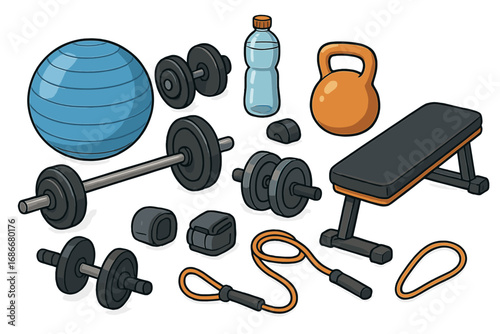 Fitness equipment vector set for gym workout. Dumbbell, barbell, kettlebell, exercise ball. Strength training, bodybuilding and healthy lifestyle concept. Cartoon illustration.