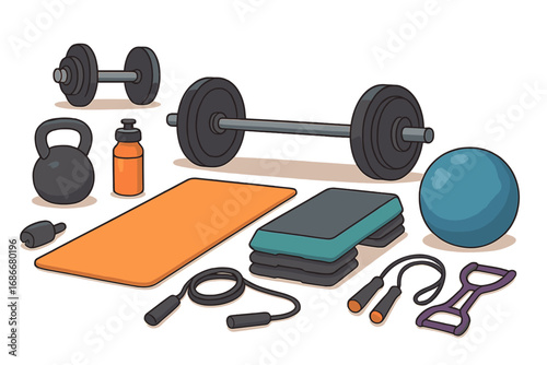 Vector illustration set of gym fitness equipment. Dumbbell, barbell, kettlebell, mat, step platform, jump rope, expander, ball. For sport workout, bodybuilding, healthy lifestyle.