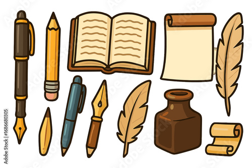 Vector cartoon illustration set of classic and modern writing tools. Collection includes fountain pen, quill, inkwell, book, scroll, and pencil for creative expression.