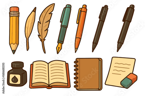 Writing tools icon set. Vector cartoon illustration of classic and modern stationery. Creative writer and artist supplies. Pencil, quill, pen, book, notebook, ink pot.