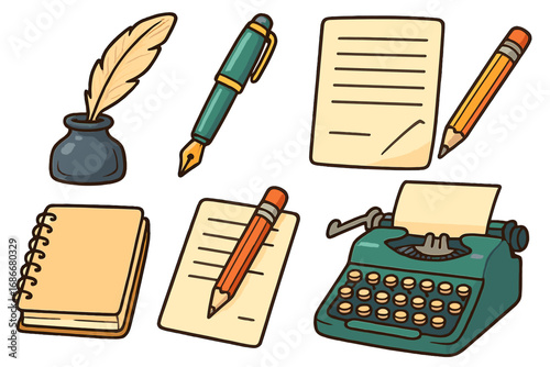 Cartoon vector writing icon set. Typewriter, fountain pen, quill, inkwell, pencil and paper. Journalism, copywriting, author and storytelling concept. Old classic equipment.