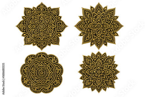 Gold mandala set. Luxury golden ornamental pattern collection. Ethnic round decoration. Indian floral motif. Arabic spiritual symbol for yoga and meditation. Carved metal design.