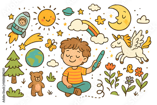 Child's imagination doodle set. Cute kid drawing fantasy, space and nature. Vector cartoon illustration collection with rocket, unicorn, sun, rainbow, planet Earth, flowers.