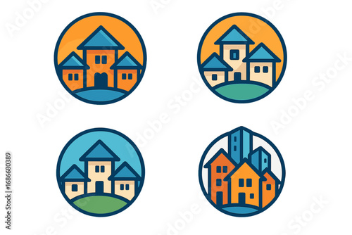 Set of real estate logos. Home, house, and building icon collection. Property management emblem. Cityscape and village badge designs. Construction and architecture concepts.