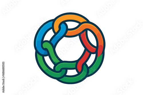 Abstract circle logo with four interlocking chain links. Concept of teamwork, unity, connection, and community. Vector icon for collaboration, partnership, network, or synergy.