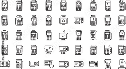Diverse collection of payment terminal and calculator icons for financial and retail applications vector