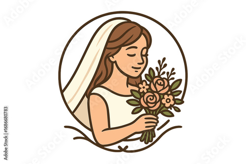 Beautiful wedding logo with a serene bride holding a flower bouquet. Vector cartoon illustration for marriage. Concept for bridal beauty, floral design, celebration, love, happiness.