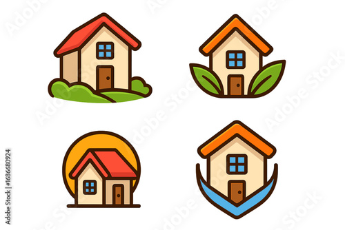 Set of house logo icons for real estate. Collection of property and realty symbols. Vector cartoon illustration of home concepts like eco-friendly, security, and mortgage.