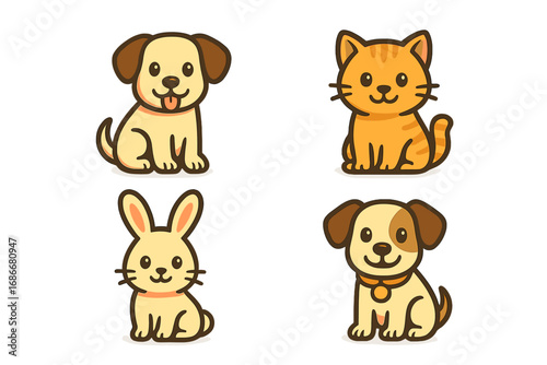Set of cute cartoon pets. Kawaii dog, cat, rabbit characters. Vector illustration collection of puppy, kitten, bunny mascots. Simple flat animal icons for kids or pet shop.