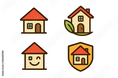 House icon set for real estate business. Home logo collection. Eco friendly green leaf symbol. Happy home smiley face. Property protection shield for security or insurance concept.
